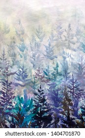 Painting Oil - Misty Blue Winter Pine And Spruce Trees - Abstract Purple Landscape - Modern Art Impressionism Abstract Landscape Acrylic Paint Artwork