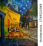 Painting oil on canvas. Free copy based on the famous painting by Vincent Van Gogh - Cafe Terrace on Forum Square, Arles, 1888.