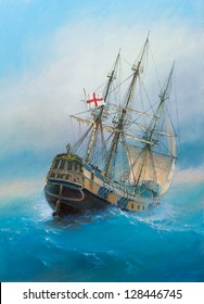 Painting. Oil On Canvas. Shows A 19 Th Century Sailing Ship. The Painting Was Created In 2008.