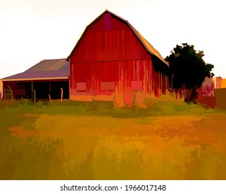 Painting Of Old Red Farm Barn In The Field