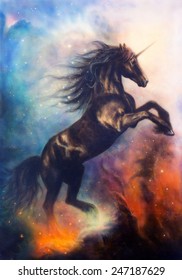 painting on canvas of a black unicorn dancing in space profile portrait color 
illustration