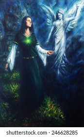  Painting On Canvas Of A Mystical Woman In Historical Dress Having A Visionary Encounter With Her Guardian Angel In A Temple Of Nature 