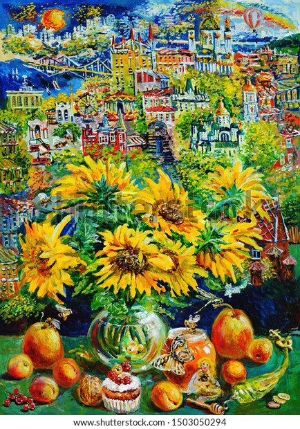 Painting On Canvas Stilllife Sunflowers Honey Stock Illustration