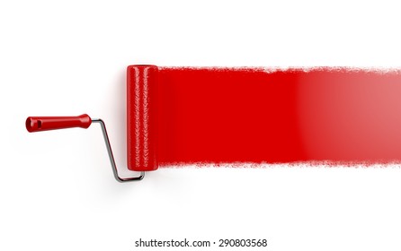 Painting On White Wall With Paint Roller And Red Paint