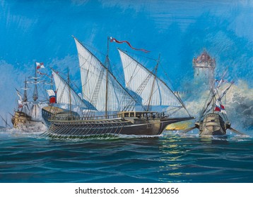 Painting.The Picture Is Written By Me In 2002. Used Paper And Gouache. Drawing Battle Of Medieval Sailing Ships.