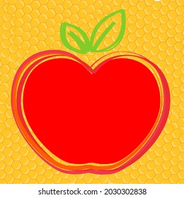 Painting Of A Red Apple With A Green Leaf And In Honey Comb Background