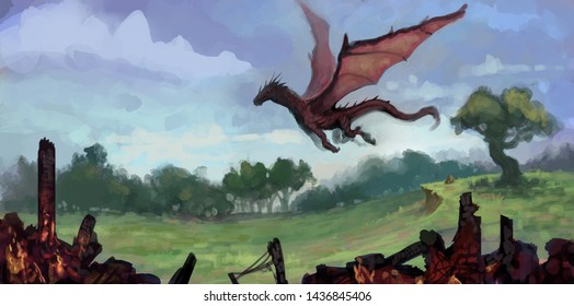 painting of red dragon flying over a lush green field with charred building remains in foreground - digital fantasy illustration