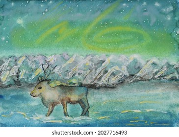 Painting reindeer running in snowy mountain valley under northern lights