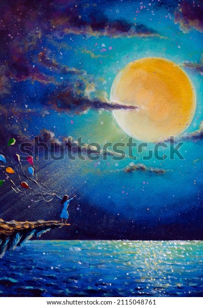 Painting romantic girl with colorful balloons on\
rock in night on blue sea, large glowing planet moon in cloud\
Fantasy fine art paint concept for fairytale paintings,\
illustration background\
artwork
