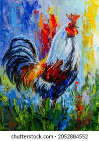 Painting Of A Rooster On A Colored Background Painted With Oil Paints