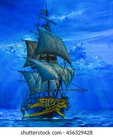 Painting Of The Sailing Ship In The Blue Ocean.