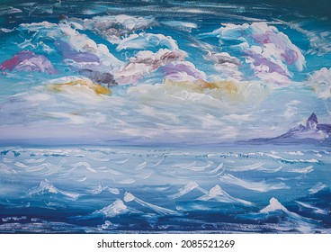 Painting. Sea After The Storm Waves And Colorful Clouds Over The Water