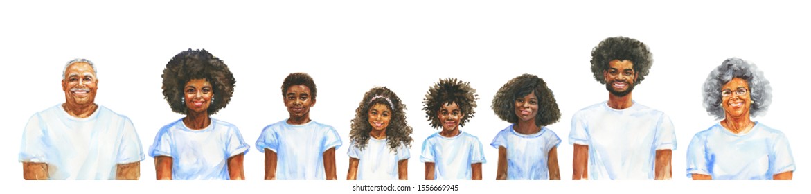 Painting smiling african men, women and children. Whole family concept. Watercolor realistic portrait. Hand drawn illustration on white background. - Powered by Shutterstock