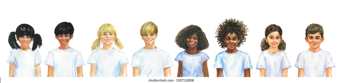 Painting smiling girls and boys. Hand drawn international children portrait. Watercolor realistic illustration on white background - Powered by Shutterstock