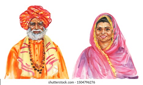 Painting Smiling Indian Aged Man And Woman In Traditional Clothes. Hand Drawn Realistic Family Portrait. Watercolor Illustration On White Background