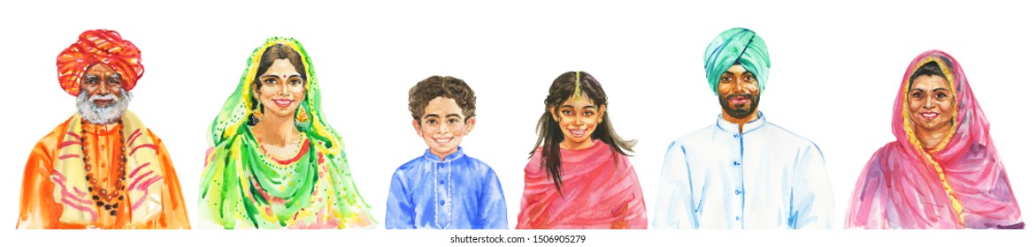 Painting smiling indian men, women and children. Whole family concept. Watercolor realistic portrait. Hand drawn illustration on white background. - Shutterstock ID 1506905279
