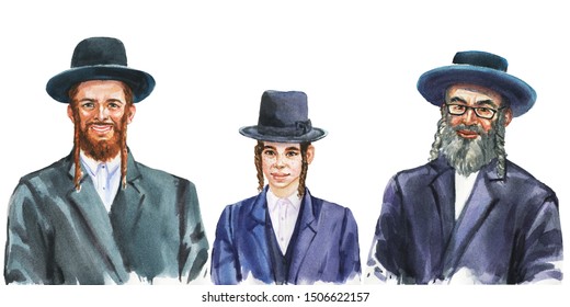 Painting Smiling Jewish Men And Boy. Hand Drawn Realistic Family Portrait. Watercolor Illustration On White Background