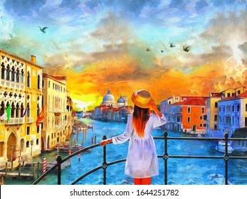 painting of standing girl in Venice grand canal Italy, Amazing view, illustration , watercolor, oil on canvas , wallpaper , buildings, river, woman, sunset , art, artwork. artist collection 