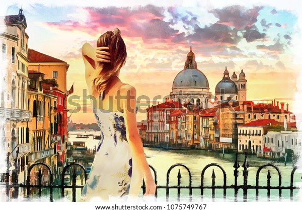 ベネチア大運河イタリアの立女の絵画 イラトス 水彩 帆布の油 壁紙 建物 川 女 夕焼け 芸術 芸術 のイラスト素材