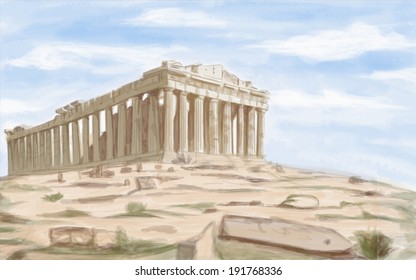 Painting Style Illustration Of Athens Parthenon Ancient Temple