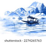 
Painting style illustration of dal lake Kashmir. The shikara is a type of wooden boat found on Dal Lake 