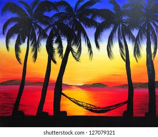 Painting Of Sunset In The Beach