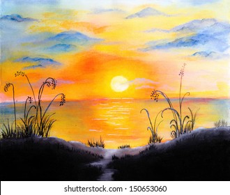 Painting of a sunset beach