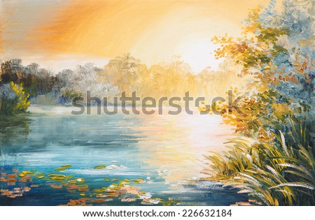 painting - sunset on the lake, bright sunset