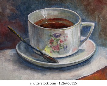 Painting Texture Oil Painting Still Life, A Cup Of Tea, Painted Color Image, Backgrounds And Wallpaper, Floral Pattern On Canvas