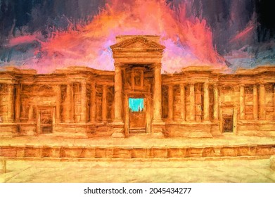 painting. A theater in the ancient city of Palmyra in Syria