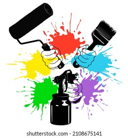 Painting Tool In Hand. Drops And Blots Of Colored Paint. Painting And Updating Symbol