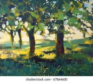 painting of trees and meadow