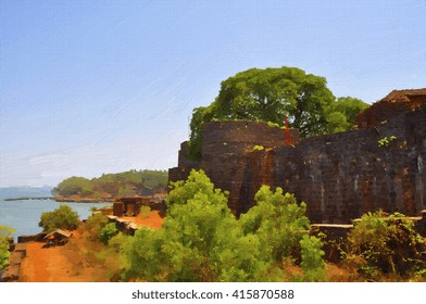 Painting Of Vijaydurg Fort In India.