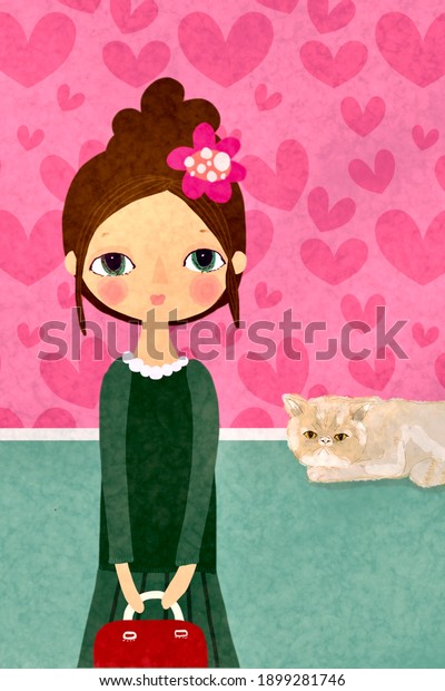 ビンテージイラストを描く ピンクの心の背景にかわいい女の子のポートレート 美しい猫の壁紙の装飾 のイラスト素材