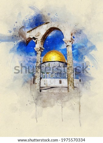 painting. Watercolor Al-Aqsa Mosque Dome of the Rock in the Old City - Jerusalem, Israel