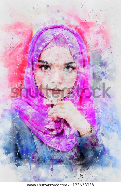 Ilustrasi Stok Painting Watercolor Beautiful Young Muslim Woman 1123623038