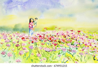 Painting watercolor flower original pink,red,yellow,orange colors of daisy flowers,and Mother,son on garden morning in the spring season,with beauty sky light on background. Hand painted illustration. - Powered by Shutterstock