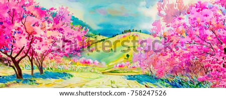 Painting watercolor landscape pink colors of Wild himalayan cherry bright flowers and home, mountain hill in the spring season. Hand painted, blue sky, cloud background, beauty nature, winter season.