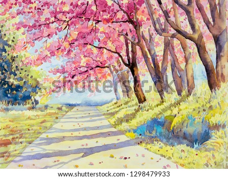 Painting watercolor landscape pink red color of Wild himalayan cherry roadside in the morning with vintage emotion sky cloud background, Hand painted, beauty nature winter season landmark in Thailand.