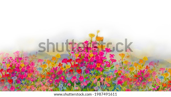 Painting Watercolor Landscape Summer Meadow Flower Stock Illustration