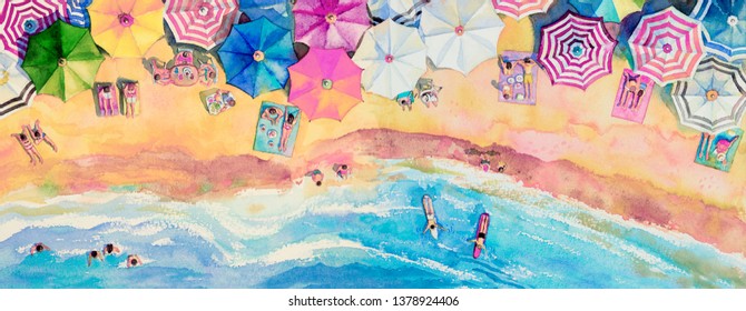 Painting watercolor panorama sea top view colorful of family vacation and tourism in summer multi colored umbrella, sea wave blue background. Hand painted seascape with advertising poster illustration - Powered by Shutterstock