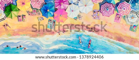 Painting watercolor panorama sea top view colorful of family vacation and tourism in summer multi colored umbrella, sea wave blue background. Hand painted seascape with advertising poster illustration