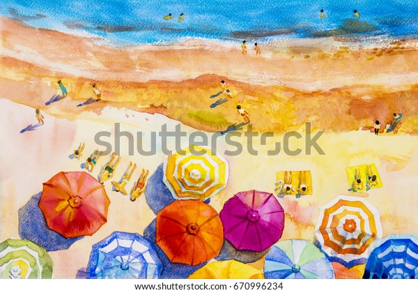 水彩の海景を描くトップビュー夏の中で 恋人 家族の休暇 観光がカラフルに見え 多彩色の傘 海波の青の背景 ペイントされた印象派 抽象的なイラスト の イラスト素材