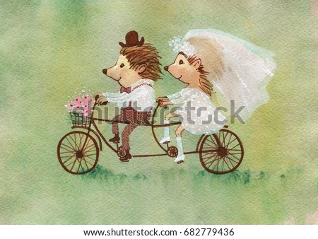 Painting wedding hedgehogs on the bicycle tandem. Watercolor vintage romantic greeting card with bride and groom. Hand drawn illustration of love, happy cute characters