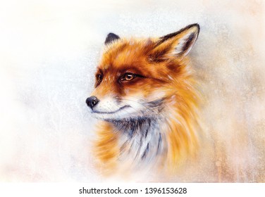 Painting Of Wild Fox On Paper. Aquarelle Background.