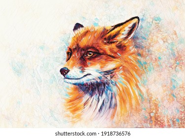 Painting of wild fox on paper. Aquarelle background.