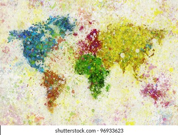 painting of world map on hand made paper