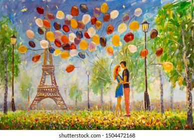 Painting Young couple in love enjoying Eiffel tower in paris. Lovers Boy and girl on grass with air balloons on Eiffel tower background illustration. Concept of love and happiness.