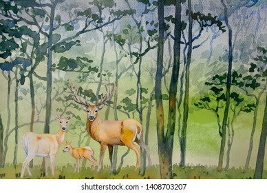 Paintings forest- Watercolor landscape original of animal, deer family concept and Eco-friendly meadow countryside. Hand painted illustration on paper green trees background, beauty nature winter seas