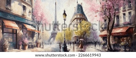 Paintings landscape, blossom in spring, artwork, fine art. Spring in Paris, a beautiful old street, flowering trees, the Eiffel Tower in the distance. Completely fictional plot.